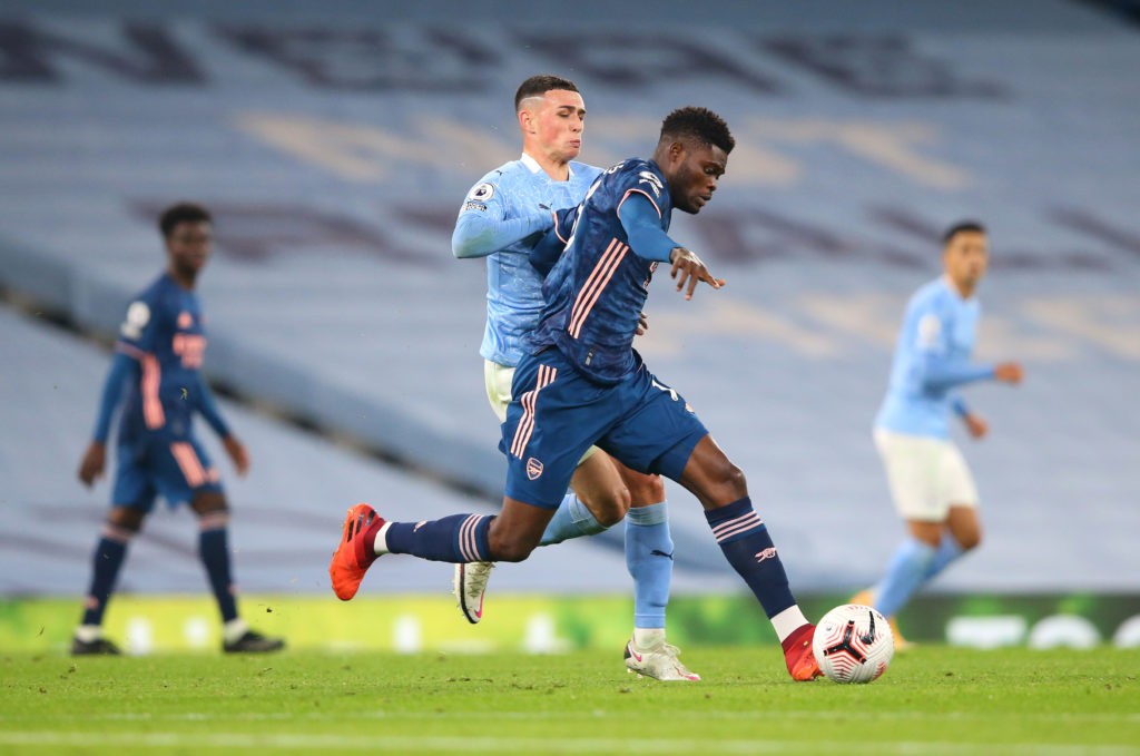 Arteta: Partey looks ready to start against Rapid Vienna 2 MANCHESTER, ENGLAND: Thomas Partey of Arsenal battles for possession with Phil Foden of Manchester City during the Premier League match between Manchester City and Arsenal at Etihad Stadium on October 17, 2020. (Photo by Alex Livesey/Getty Images)