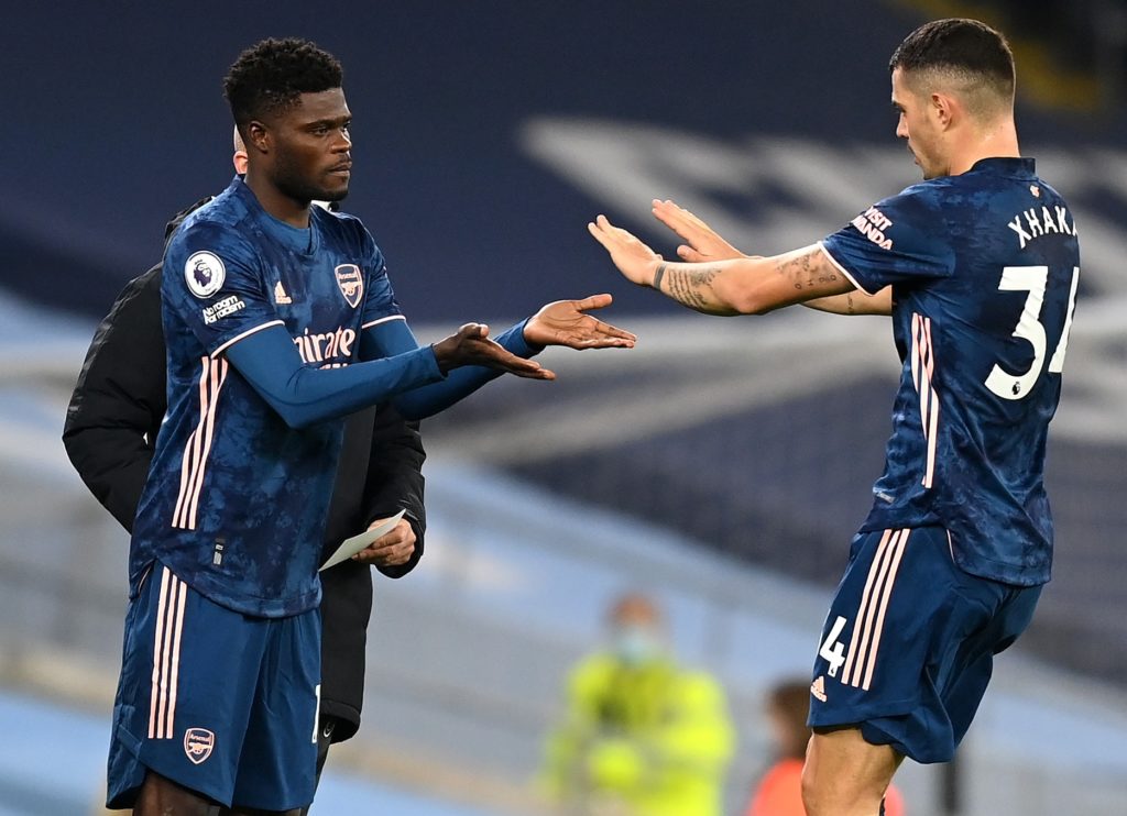 MANCHESTER, ENGLAND - OCTOBER 17: Thomas Partey of Arsenal is substituted on for Granit Xhaka of Arsenal during the Premier League match between Manchester City and Arsenal at Etihad Stadium on October 17, 2020 in Manchester, England. Sporting stadiums around the UK remain under strict restrictions due to the Coronavirus Pandemic as Government social distancing laws prohibit fans inside venues resulting in games being played behind closed doors. (Photo by Michael Regan/Getty Images)