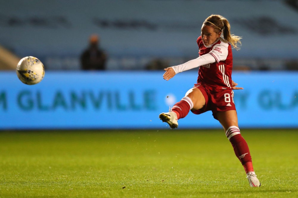 Joe Montemurro on losing to Manchester City and Kim Little's injury 2 MANCHESTER, ENGLAND - OCTOBER 01: Jordan Nobbs of Arsenal FC scores his team's first goal during the Vitality Women's FA Cup Semi Final match between Manchester City and Arsenal on October 01, 2020 in Manchester, England. Sporting stadiums around the UK remain under strict restrictions due to the Coronavirus Pandemic as Government social distancing laws prohibit fans inside venues resulting in games being played behind closed doors. (Photo by Catherine Ivill/Getty Images)
