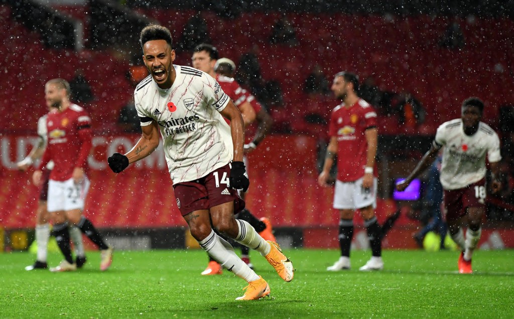Aubameyang: Arsenal can turn corner with win over Spurs 2 MANCHESTER, ENGLAND - NOVEMBER 01: Pierre-Emerick Aubameyang celebrates after scoring from the penalty spot during the Premier League match between Manchester United and Arsenal at Old Trafford on November 01, 2020 in Manchester, England. Sporting stadiums around the UK remain under strict restrictions due to the Coronavirus Pandemic as Government social distancing laws prohibit fans inside venues resulting in games being played behind closed doors. (Photo by Shaun Botterill/Getty Images)