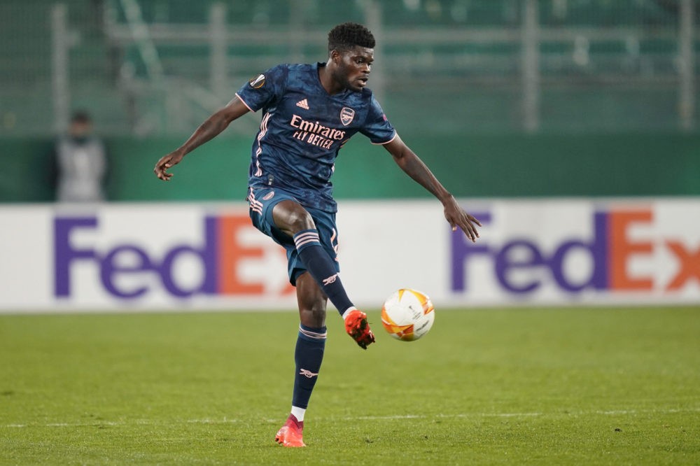 VIENNA, AUSTRIA: Thomas Partey of Arsenal controls the ball during the UEFA Europa League Group B stage match between Rapid Wien and Arsenal FC at ...