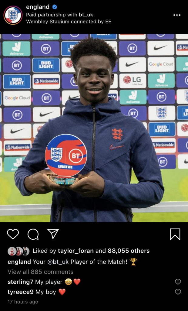 Saka's England teammates seem to love him already 3 England on Instagram