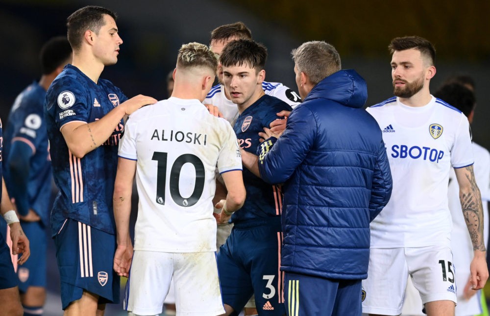 Leeds United v Arsenal - Premier League - Elland Road Tempers flare between Leeds United s Ezgjan Alioski centre left and Arsenal s Kieran Tierney ...