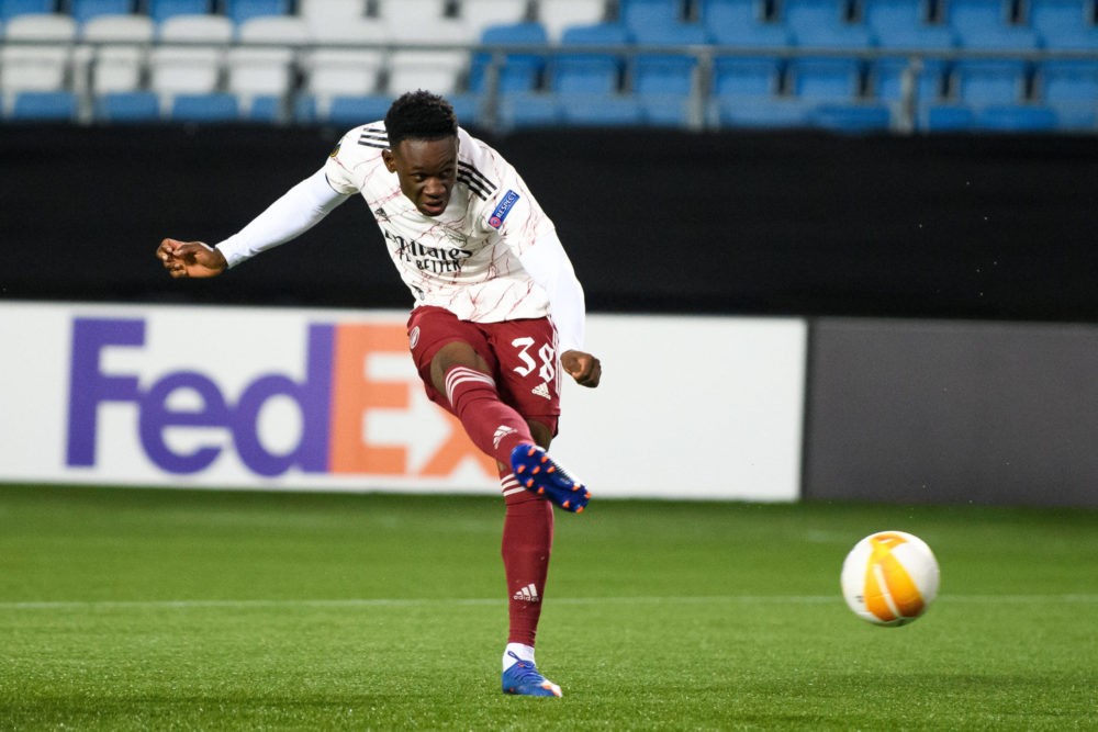 Folarin Balogun of Arsenal scores during the UEFA Europa League match between Molde and Arsenal on November 26, 2020 in Molde. Photo: Marius Simens...
