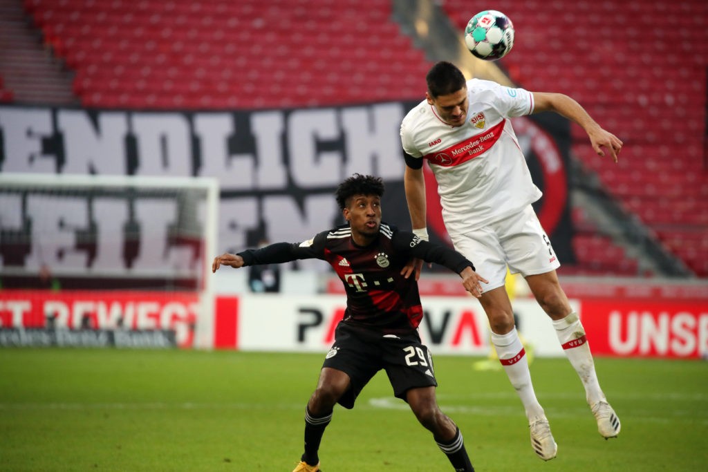 Arsenal loan watch: Guendouzi, Mavropanos & 11 more 2 28.11.20, VfB Stuttgart - FC Bayern Münich: Kingsley Coman contests a header with Konstantinos Mavropanos. Photo: Pressefoto Rudel / Robin Rudel / Pool / Pressefoto Rudel Stuttgart Baden-Württemberg Deutschland