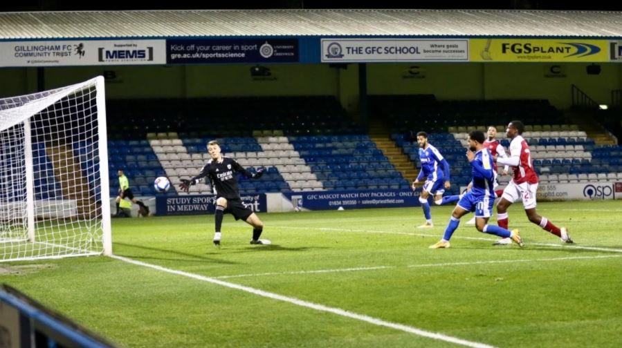 Trae Coyle scores for Gillingham against the Arsenal u21s (Photo via GillinghamFootballClub.co.uk)