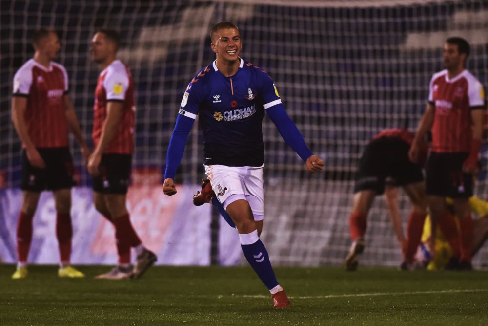 Harry Clarke celebrates his winner against Cheltenham (Photo via Clarke on Twitter)