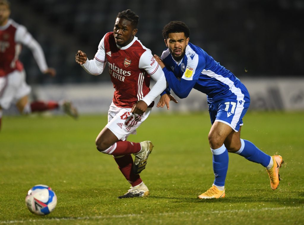 2 deals for ex-Arsenal midfielder to return to Europe fall through 4 Tim Akinola battles with Trae Coyle (Photo via Arsenal Academy on Twitter)