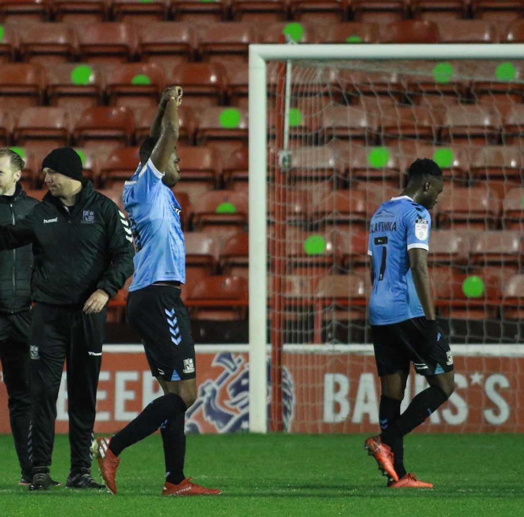 James Olayinka (R) after Southend United's win over Walsall (Photo via Southend United on Twitter)