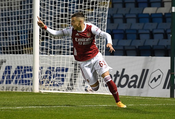 Catalin Cirjan celebrates scoring a goal for Arsenal during the match between Gillingham and Arsenal U21 at Priestfield Stadium on November 10, 202...