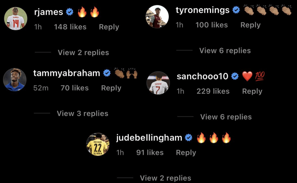 Saka's England teammates seem to love him already 4 Replies to Bukayo Saka's Man of the Match Instagram post