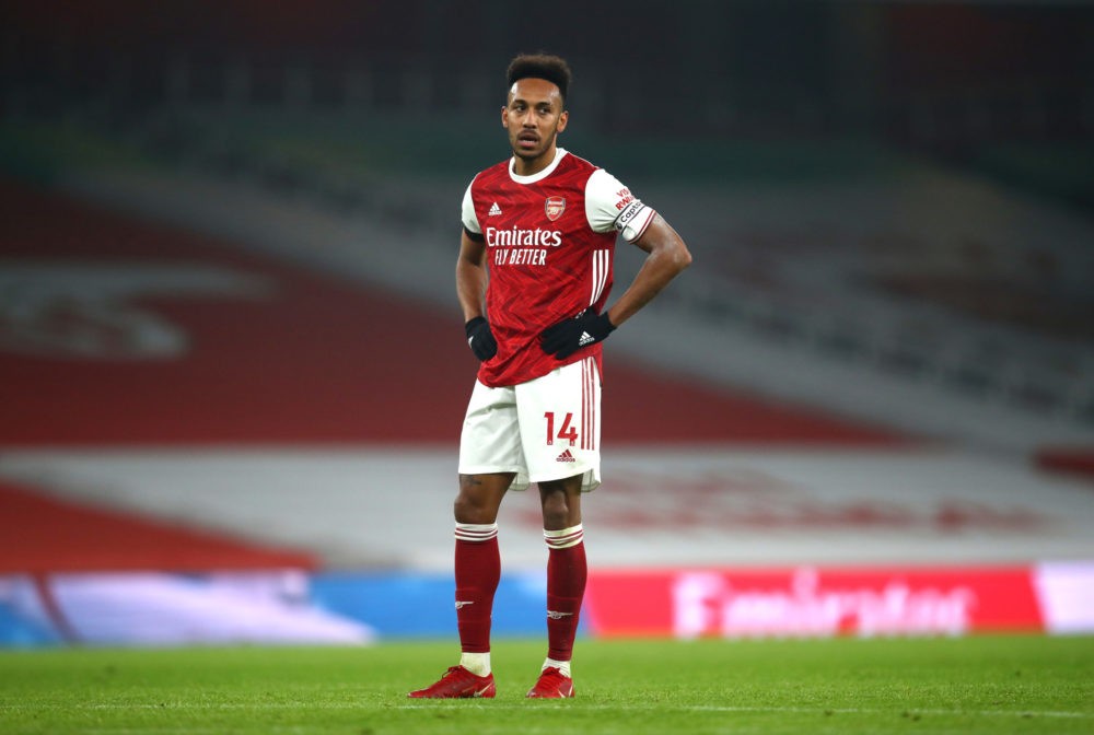 LONDON, ENGLAND - NOVEMBER 29: Pierre-Emerick Aubameyang of Arsenal looks on during the Premier League match between Arsenal and Wolverhampton Wand...