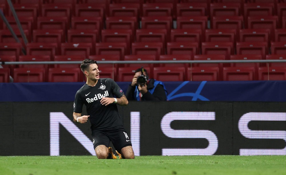 MADRID, SPAIN: Dominik Szoboszlai of RB Salzburg celebrates after scoring his team's first goal during the UEFA Champions League Group A stage matc...