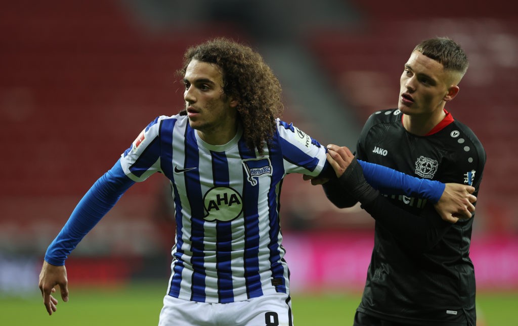 LEVERKUSEN, GERMANY: Matteo Guendouzi of Berlin is seen with Florian Wirtz of Leverkusen during the Bundesliga match between Bayer 04 Leverkusen and Hertha BSC at BayArena on November 29, 2020. (Photo by Lars Baron/Getty Images)