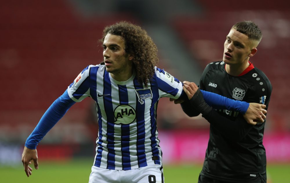 LEVERKUSEN, GERMANY: Matteo Guendouzi of Berlin is seen with Florian Wirtz of Leverkusen during the Bundesliga match between Bayer 04 Leverkusen an...