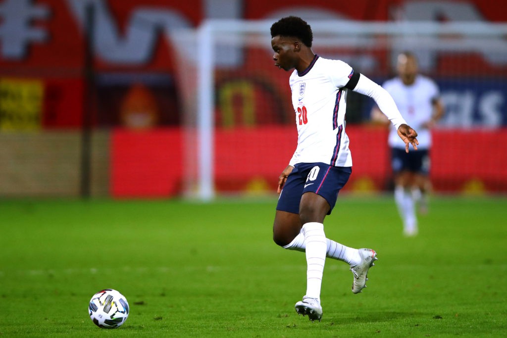 HEVERLEE, BELGIUM: Bukayo Saka of England in action during the UEFA Nations League group stage match between Belgium and England at King Power at Den Dreef Stadion on November 15, 2020. (Photo by Dean Mouhtaropoulos/Getty Images)