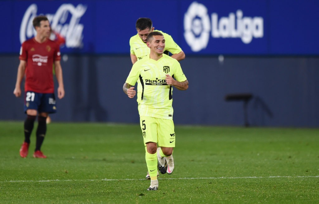 PAMPLONA, SPAIN: Lucas Torreira of Atletico de Madrid celebrates after scoring his teams 3rd goal during the La Liga Santander match between C.A. Osasuna and Atletico de Madrid at Estadio El Sadar on October 31, 2020. (Photo by Denis Doyle/Getty Images)