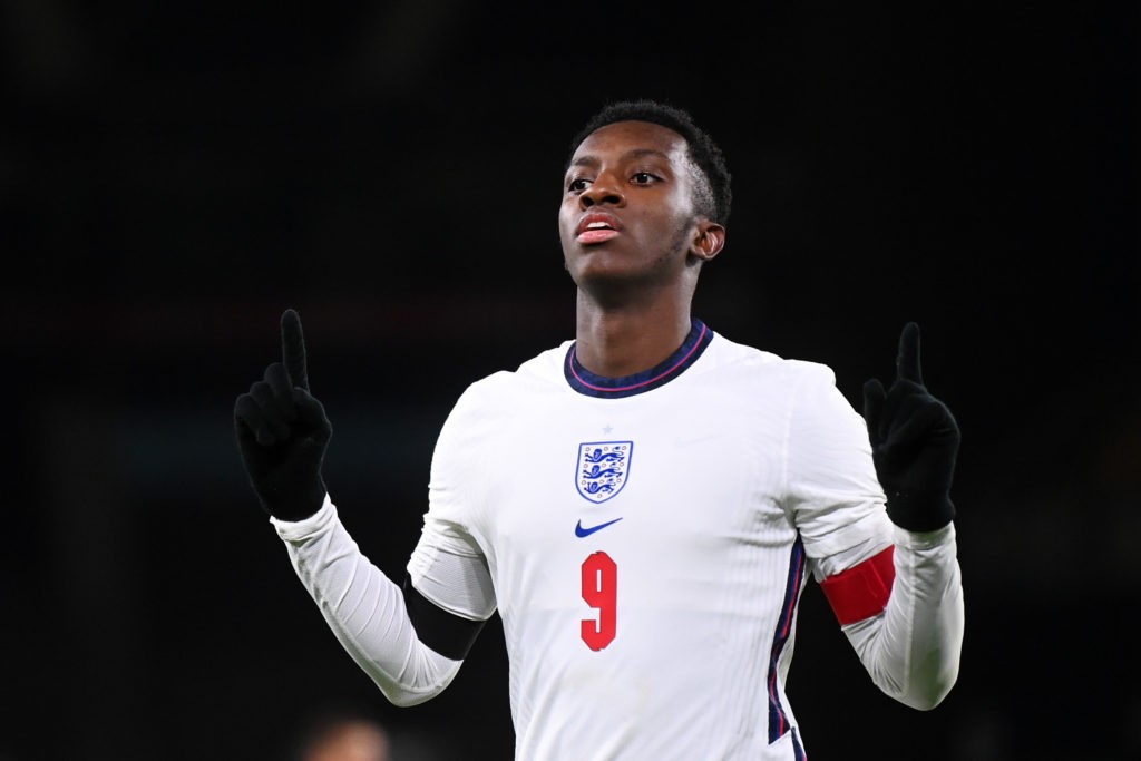 Gareth Southgate explains surprise Arsenal England call-up 4 WOLVERHAMPTON, ENGLAND: Eddie Nketiah of England celebrates after scoring their team's fourth goal during the UEFA Euro Under 21 Qualifier match between England U21 and Albania U21 at Molineux on November 17, 2020. (Photo by Laurence Griffiths/Getty Images)