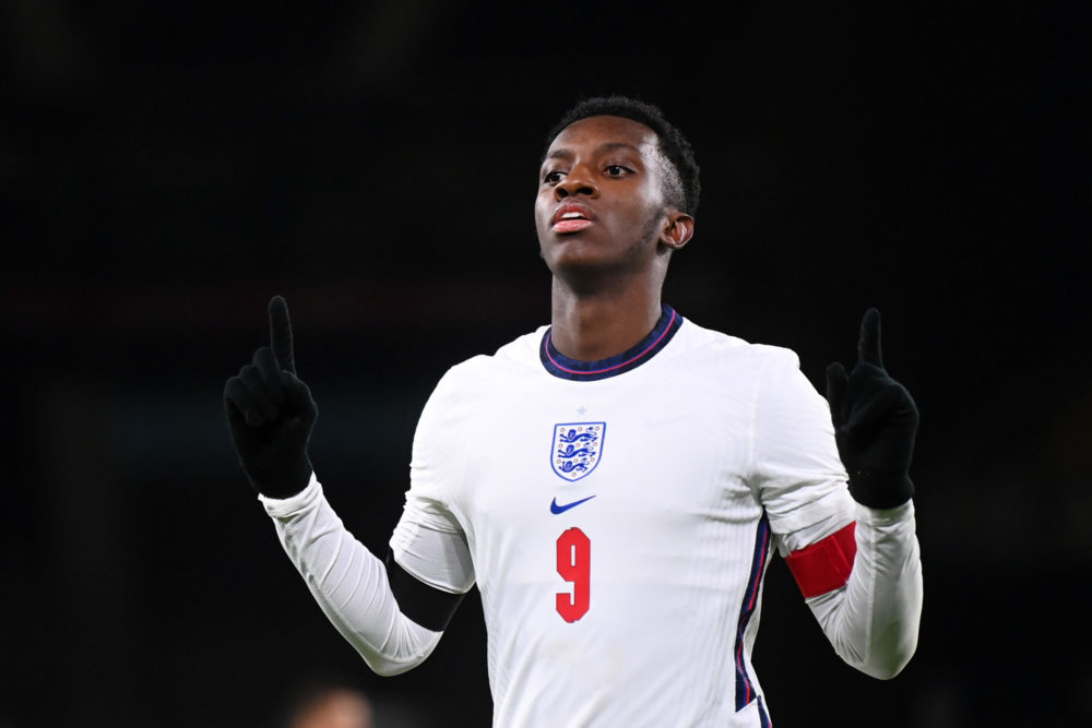 WOLVERHAMPTON, ENGLAND: Eddie Nketiah of England celebrates after scoring their team's fourth goal during the UEFA Euro Under 21 Qualifier match be...