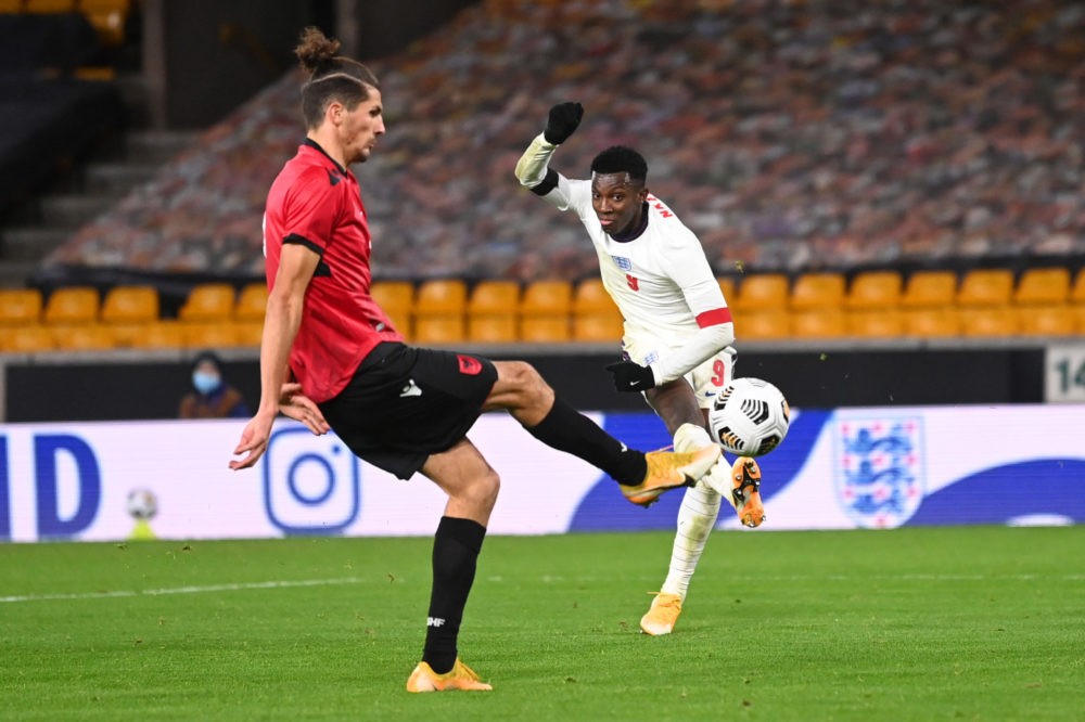 WOLVERHAMPTON, ENGLAND: Eddie Nketiah of England scores their team's fifth goal during the UEFA Euro Under 21 Qualifier match between England U21 a...