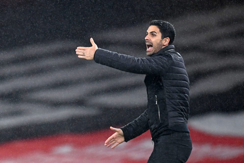 Arsenal's Spanish manager Mikel Arteta gestures from the sidelines during the English Premier League football match between Arsenal and Aston Villa...
