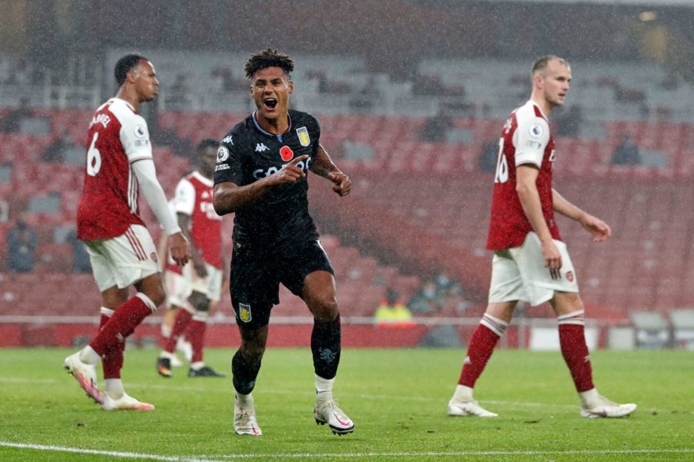Aston Villa's English striker Ollie Watkins (C) celebrates scoring his team's second goal during the English Premier League football match between ...