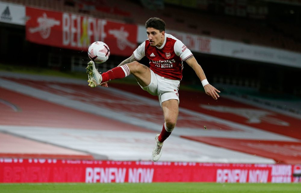 Arsenal's Spanish defender Hector Bellerin controls the ball during the English Premier League football match between Arsenal and Leicester City at...