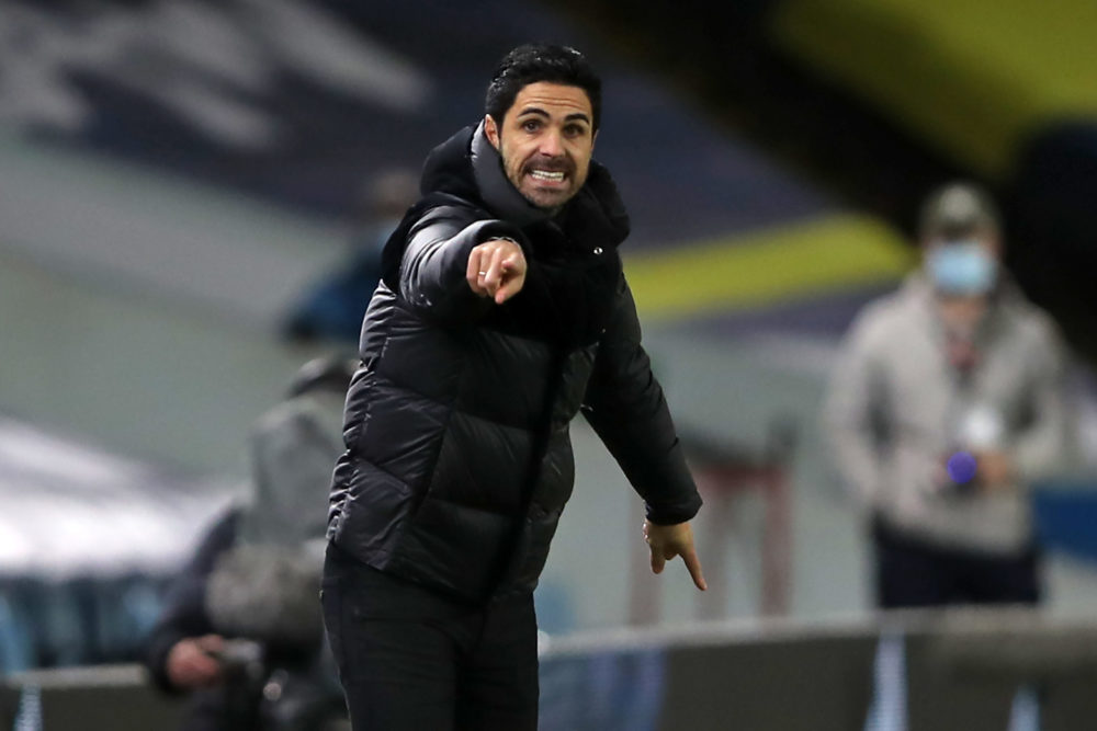 Arsenal's Spanish manager Mikel Arteta gestures on the touchline during the English Premier League football match between Leeds United and Arsenal ...