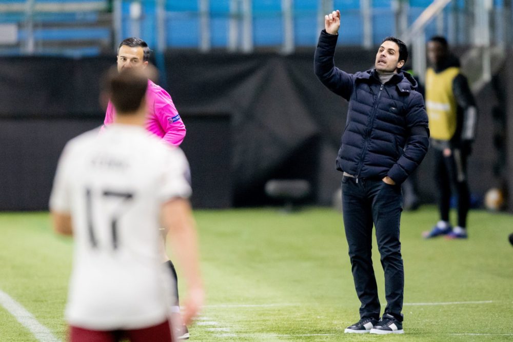 Arsenal's Spanish manager Mikel Arteta reacts during the UEFA Europa League group B football match Molde v Arsenal in Molde, Norway on November 26,...