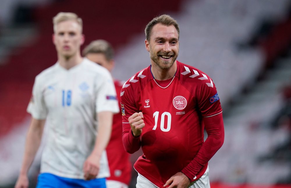 Denmark's midfielder Christian Eriksen celebrates after scoring the 1-0 during the UEFA Nations League football match Denmark vs Iceland on Novembe...