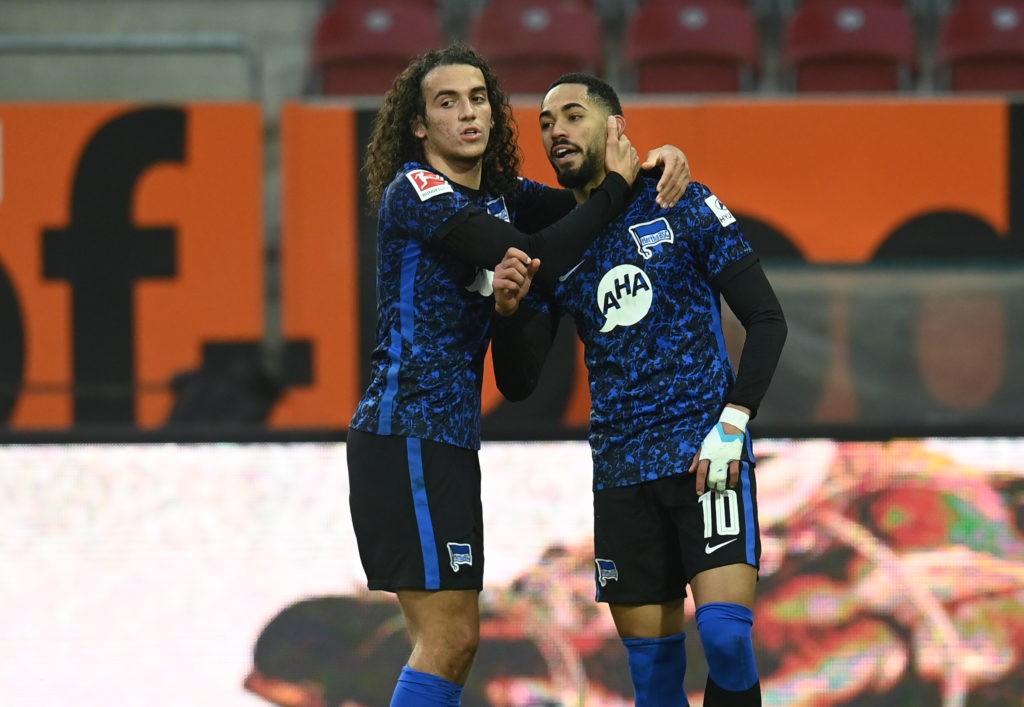 Hertha Berlin's Brazilian forward Matheus Cunha (R) and Hertha Berlin's French midfielder Mattéo Guendouzi (L) celebrate after the goal during the German first division football Bundesliga match between FC Augsburg 1907 and Hertha BSC Berlin in Augsburg, southern Germany, on November 7, 2020. (Photo by CHRISTOF STACHE/AFP via Getty Images)