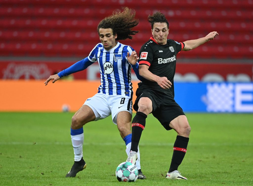 "So much fun to watch": Discarded Arsenal midfielder impressing 2 Hertha Berlin's French midfielder Matteo Guendouzi (L) and Leverkusen's Austrian midflielder Julian Baumgartlinger vie for the ball during the German first division Bundesliga football match Bayer Leverkusen v Hertha Berlin on November 29, 2020. (Photo by Ina Fassbender / various sources / AFP)