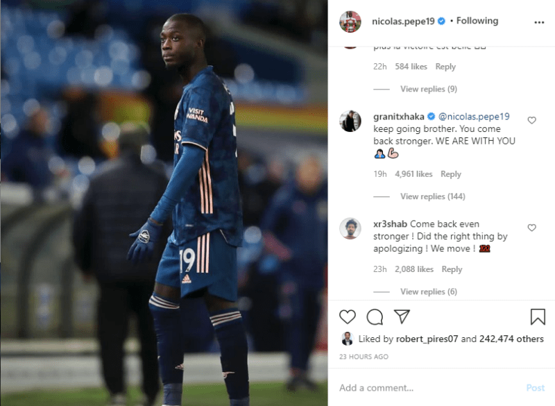 Granit Xhaka on Nicolas Pepe's Instagram