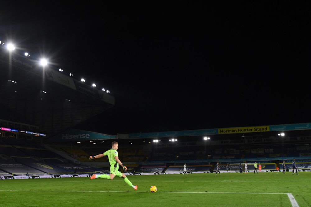 LEEDS, ENGLAND: Bernd Leno of Arsenal in action during the Premier League match between Leeds United and Arsenal at Elland Road on November 22, 202...