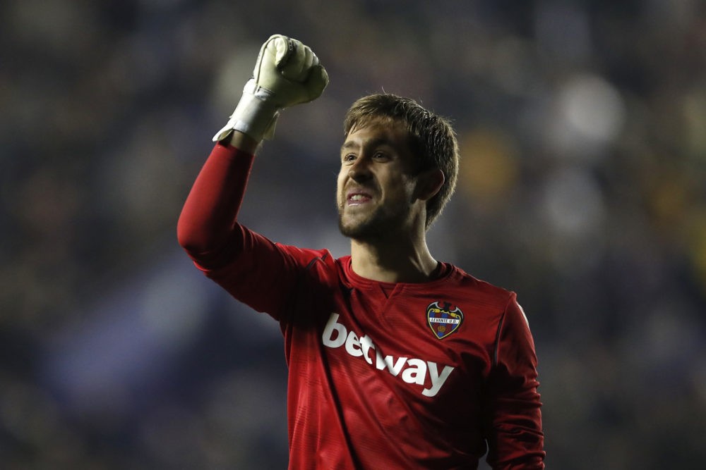 VALENCIA, SPAIN - FEBRUARY 22: Aitor Fernandez of Levante UD celebrates his sides first goal during the La Liga match between Levante UD and Real M...