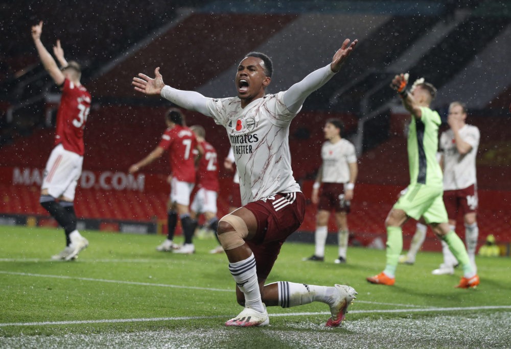 MANCHESTER, ENGLAND: Gabriel Magalhaes of Arsenal reacts during the Premier League match between Manchester United and Arsenal at Old Trafford on N...