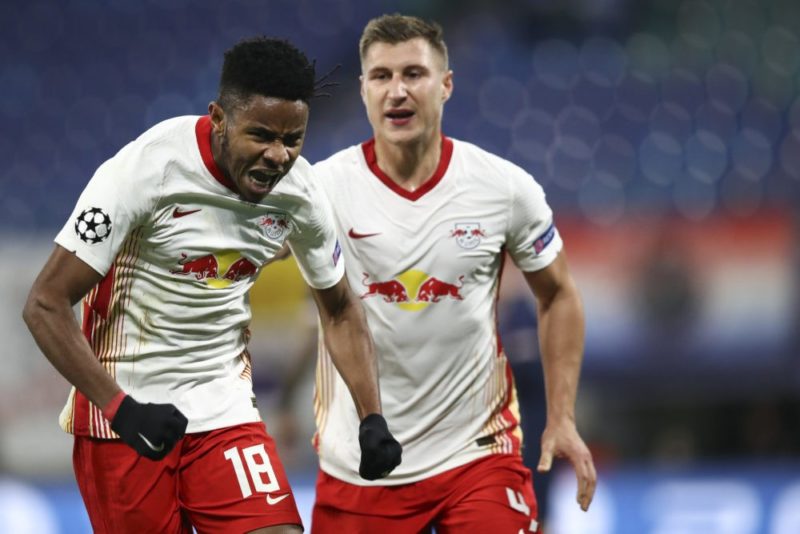 LEIPZIG, GERMANY: Christopher Nkunku of RB Leipzig celebrates after scoring his team's first goal during the UEFA Champions League Group H stage ma...