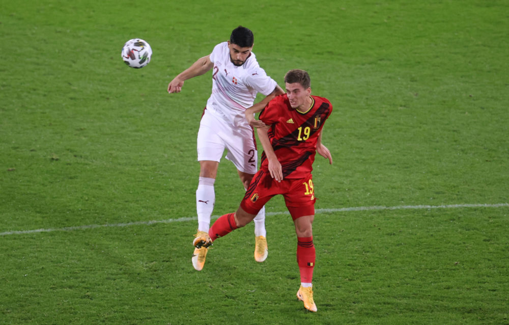 Swiss captain Granit Xhaka and Belgium's Dennis Praet fight for the ball during a friendly soccer game between the Belgian national team Red Devils and Switzerland, Wednesday 11 November 2020 in Leuven. BELGA PHOTO VIRGINIE LEFOUR