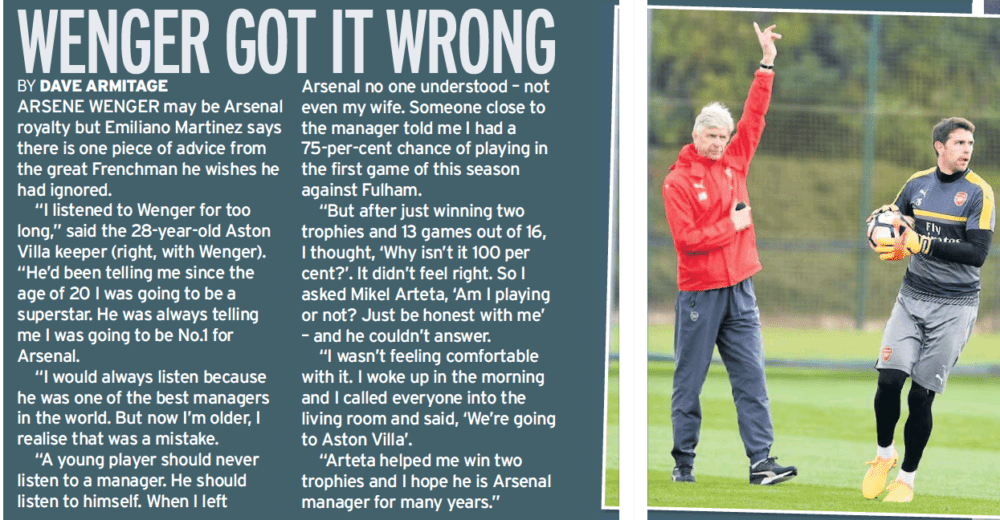 Emi Martinez on Arsene Wenger: Daily Mirror, 26 December, 2020