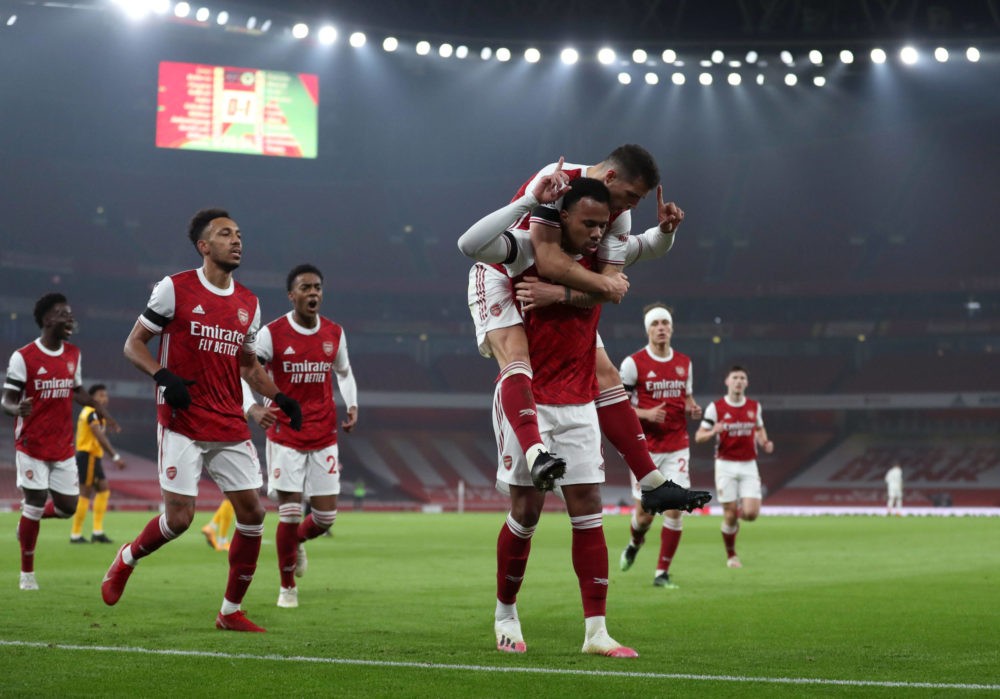 Arsenal v Wolverhampton Wanderers - Premier League - Emirates Stadium Arsenal's Gabriel Magalhaes centre celebrates scoring his side's first goal o...