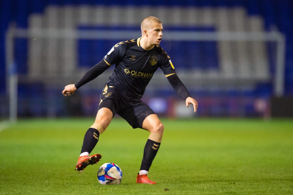 Harry Clarke of Oldham Athletic during the Sky Bet League 2 match at Boundary Park, Oldham. Copyright: Matt Wilkinson