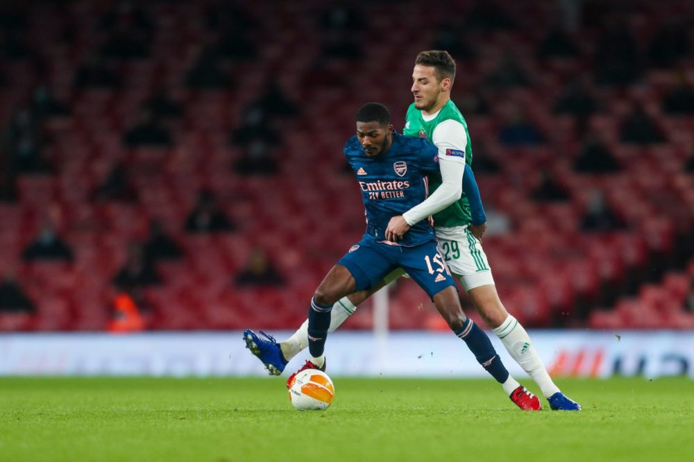 Arsenal vs Rapid Vienna, 3rd December, 2020. Ainsley Maitland Niles and Ercan Kara. Photo by Philipp Brem