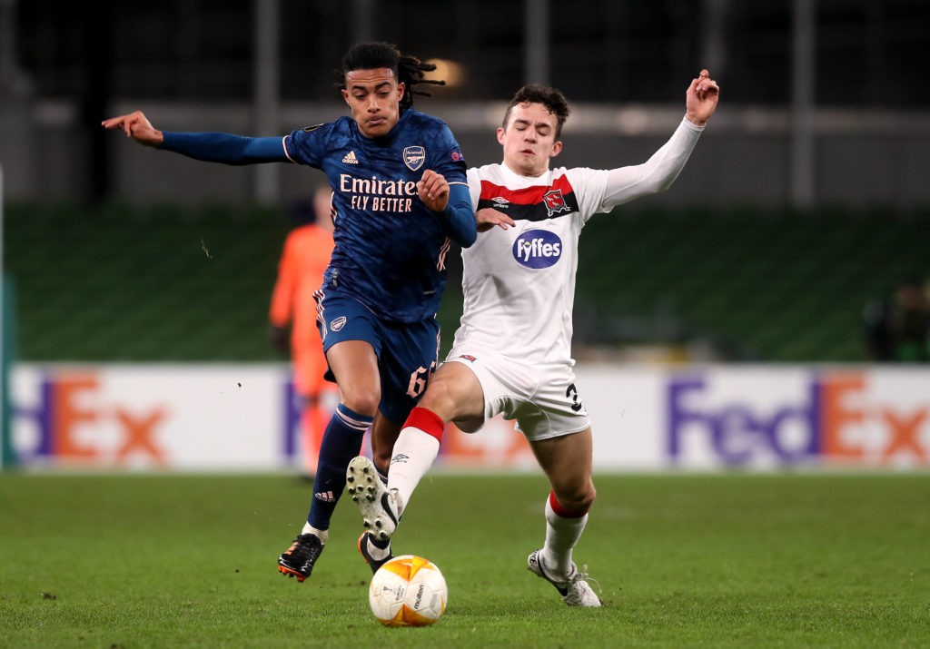 Pierre-Emerick Aubameyang 'not even surprised' about Folarin Balogun 2 Dundalk v Arsenal - UEFA Europa League - Group B - Aviva Stadium. Arsenal's Miguel Azeez (left) and Dundalk's Jamie Wynne battle for the ball during the UEFA Europa League Group B match at The Aviva Stadium, Dublin. Copyright: Brian Lawless