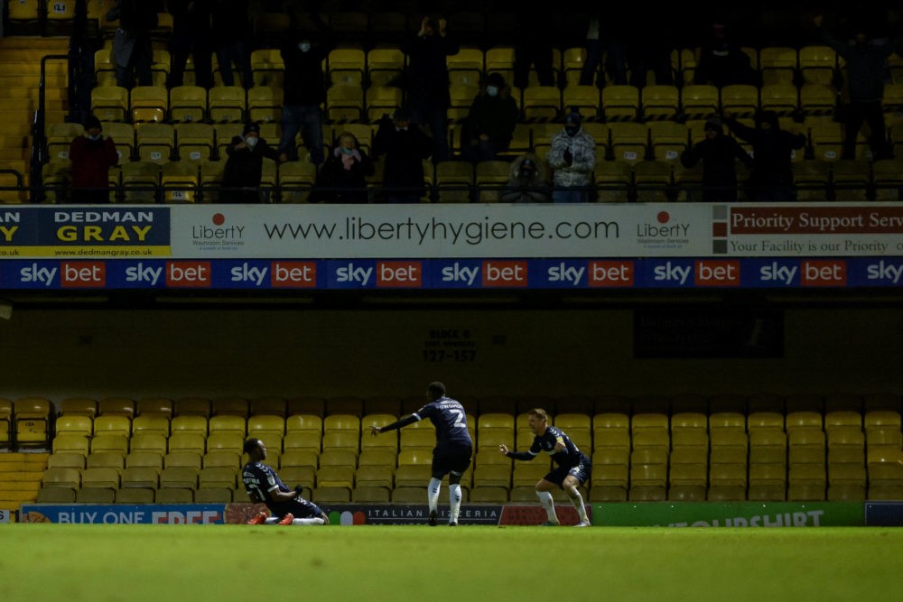 James Olayinka scores a goal and celebrates during the EFL Sky Bet League 2 match between Southend United and Scunthorpe United at Roots Hall, Sout...