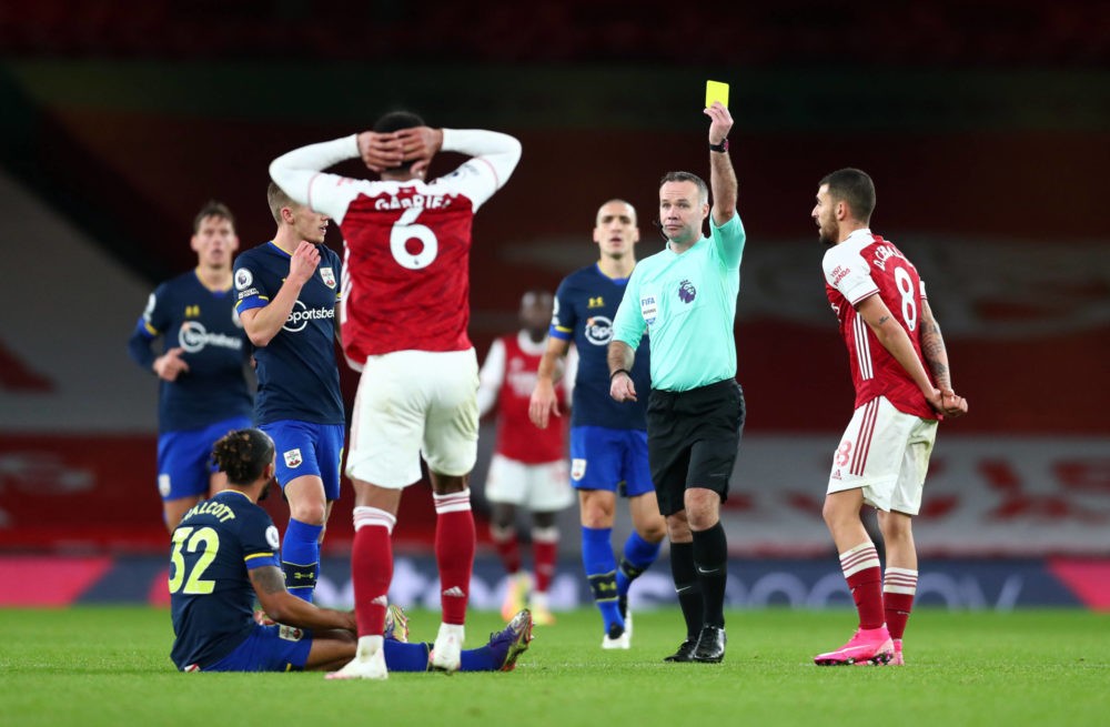 Arsenal v Southampton - Premier League - Emirates Stadium Arsenal s Gabriel Magalhaes is shown a second yellow card by Referee Paul Tierney during ...