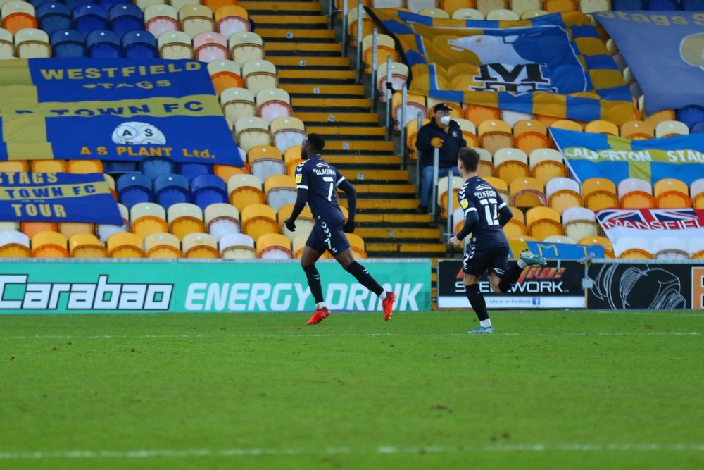 James Olayinka scores during the EFL Sky Bet League 2 match between Mansfield Town and Southend United at the One Call Stadium, Mansfield, England ...
