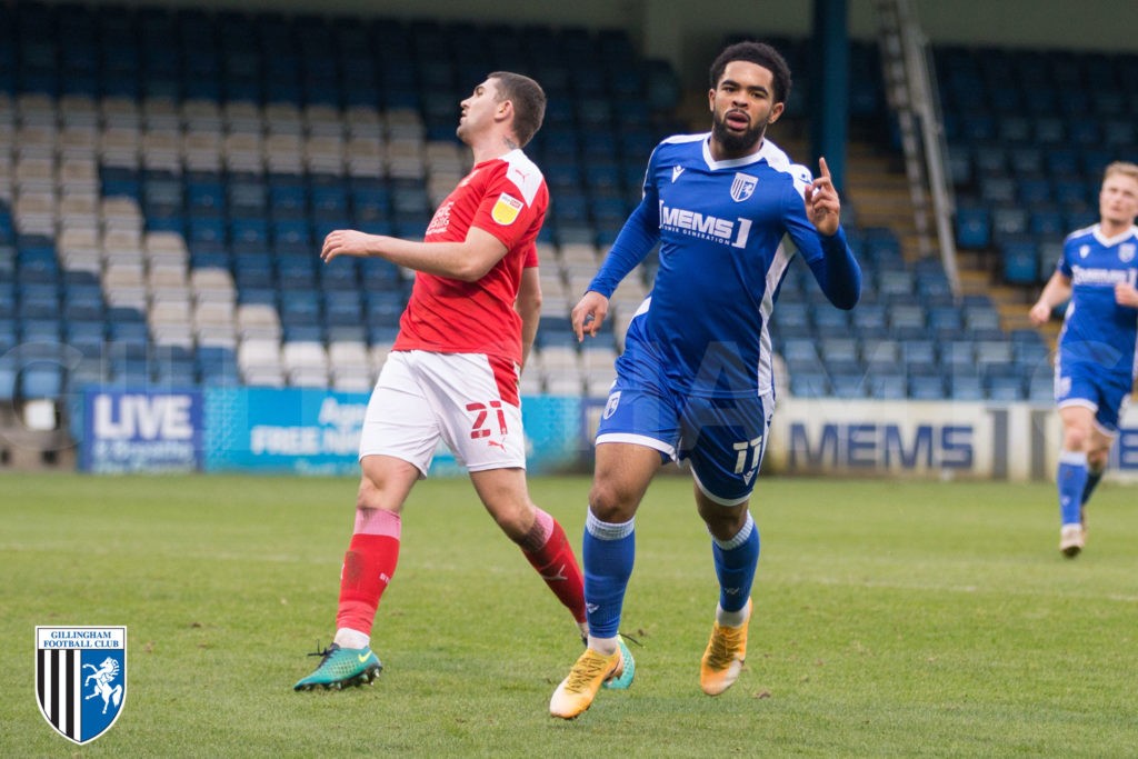 Trae Coyle celebrates scoring for Gillingham (Photo via Gillingham FC on Twitter)