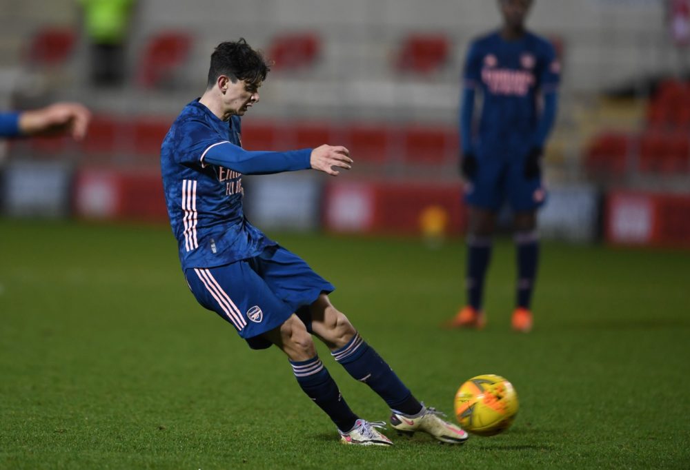 Charlie Patino shoots and scores for the Arsenal u18s (Photo via Arsenal Academy on Twitter)