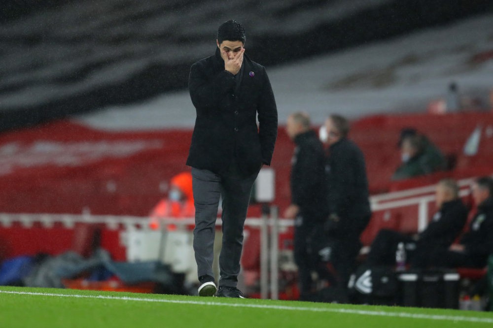 LONDON, ENGLAND - DECEMBER 13: Mikel Arteta, Manager of Arsenal reacts during the Premier League match between Arsenal and Burnley at Emirates Stadium on December 13, 2020 in London, England. A limited number of spectators (2000) are welcomed back to stadiums to watch elite football across England. This was following easing of restrictions on spectators in tiers one and two areas only. (Photo by Catherine Ivill/Getty Images )