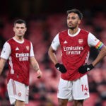 LONDON, ENGLAND - DECEMBER 13: Pierre-Emerick Aubameyang and Granit Xhaka of Arsenal look on during the Premier League match between Arsenal and Burnley at Emirates Stadium on December 13, 2020 in London, England. (Photo by Laurence Griffiths/Getty Images)